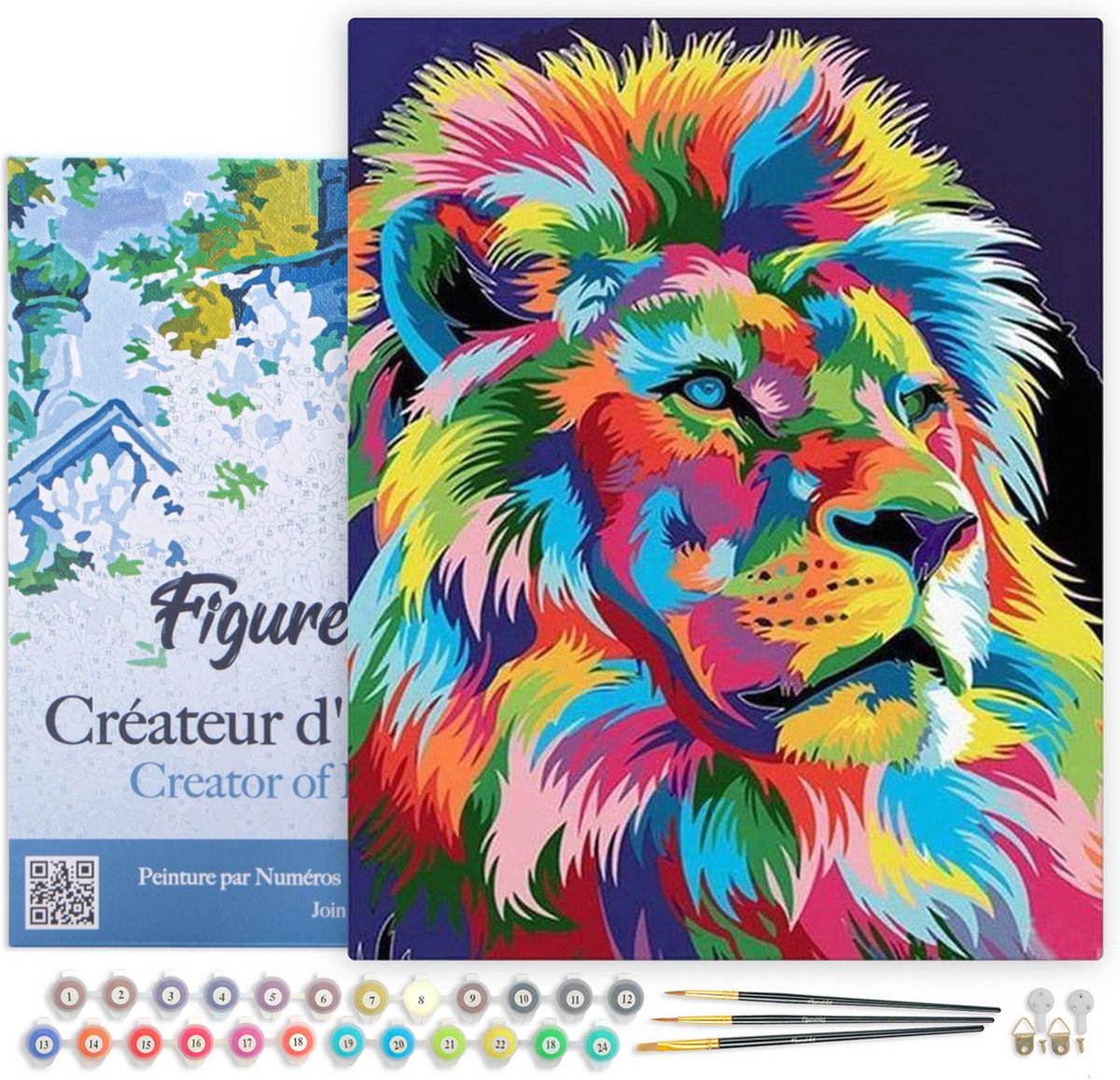 Figured'Art Schilderen op Nummer Volwassenen met lijst - Leeuw Pop-art 2 - Handwerk acrylverf Kit DIY Compleet - 40x50cm Canvas al ingelijst