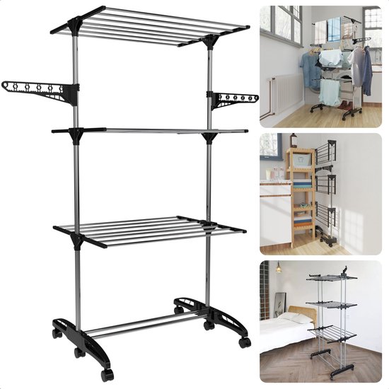 Cheqo® Étendoir Pliable - Étendoir - Étendoir de Wasrek - Tour de Séchage - Longueur de Séchage 17 Mètres - Mobile - Métal et Plastique