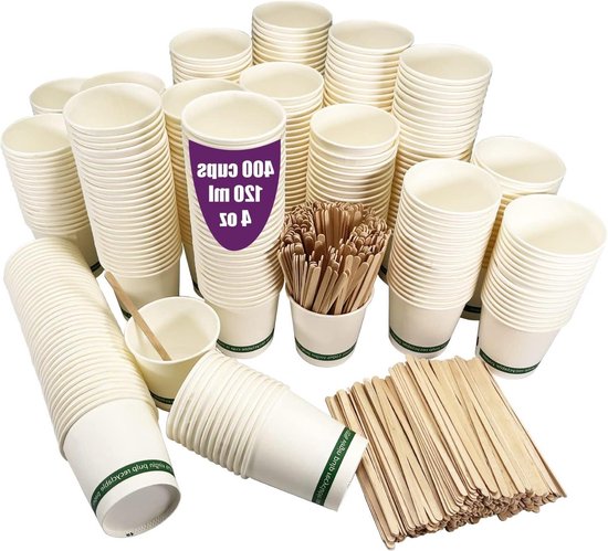 100 wegwerp koffiebekers karton wit 240 ml / 8 oz, papieren bekers met houten roerstaafjes voor koffie, thee of andere warme en koude dranken van topkwaliteit, ideaal voor elke gelegenheid