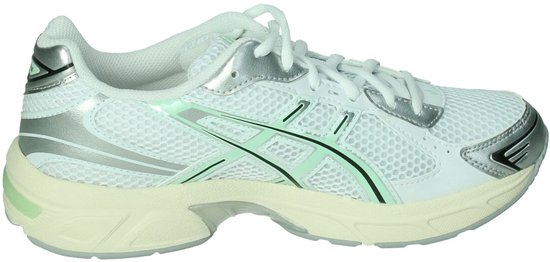 Rechter ASICS Gel-1130 sneaker in wit met zilveren en mintgroene accenten.