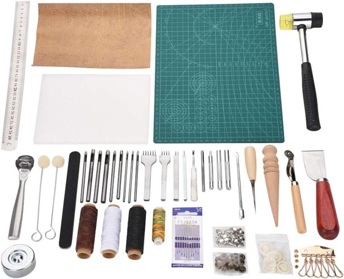 42-delige Werkgereedschapskit voor Leerambacht - Gereedschapskit, Naaien, Groover, Hamer, Stempelgereedschap, Naalden, Snaps en Klinknagels Kit