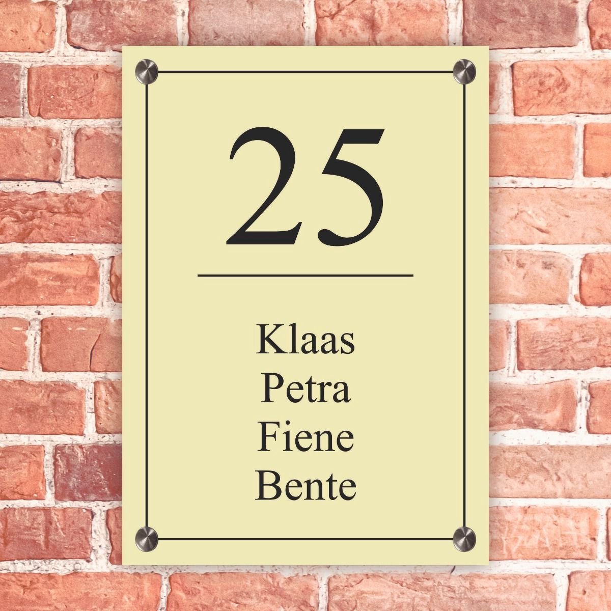 Naambordje voordeur rechthoek staand geel met zwart kader - 14x20cm - Incl. RVS bevestigingsmateriaal