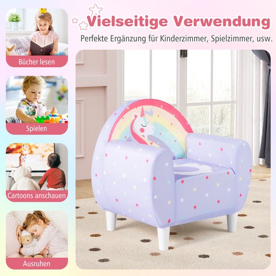 COSTWAY Kinderbank voor peuters, kinderstoel, gestoffeerd met rugleuning en armleuning, speelbank, kinderbank voor kinderkamer, speelkamer, babybank vanaf 3 jaar, 55 x 41 x 54 cm (paars) van COSTWAY — afbeelding 5