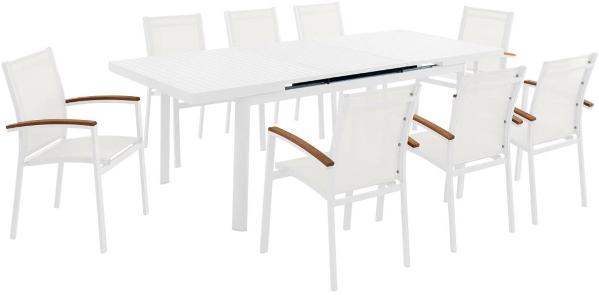 Vente-unique Tuineetset van aluminium: een uitschuifbare tafel L180/240 cm en 8 opstapelbare fauteuils met armleuningen van acaciahout - Wit - NAURU van MYLIA L 240 cm x H 89 cm x D 100 cm