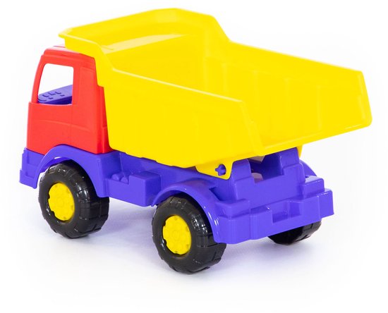 Gele kiepwagen met rode cabine, paarse onderkant en blauwe stoelen. Zwarte wielen met gele doppen.
