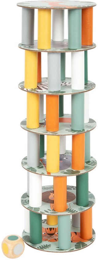 Tour d'équilibre safari en bois à six étages, avec des bâtonnets colorés et des images d'animaux.