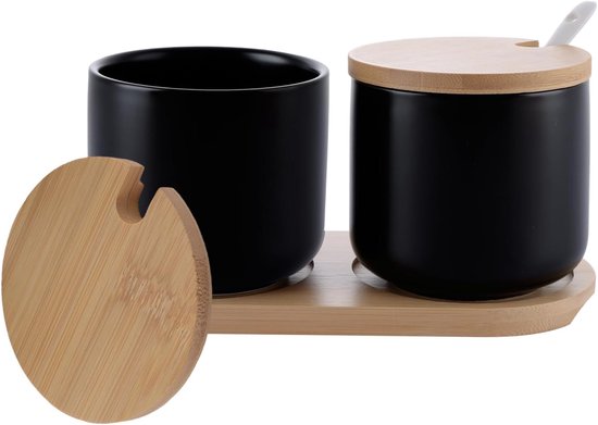 Keramische Suikerpotjes Set - Bamboe Deksel - 2 stuks - Zwart - Keramiek