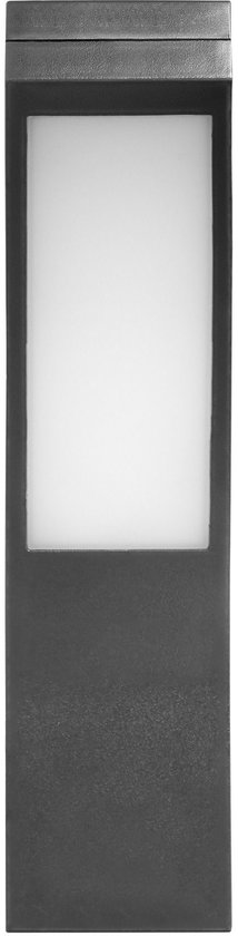 Lampadaire gris avec panneau central rectangulaire en verre opale.