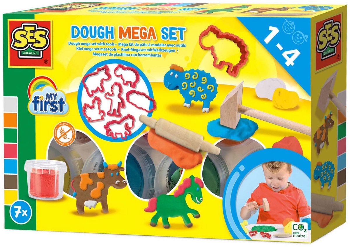 SES - My First - Klei mega set met tools en Klei Vormpjes - glutenvrije klei in heldere kleuren - droogt niet uit - boerderij uitsteekvormen - met houten deegroller en hamer