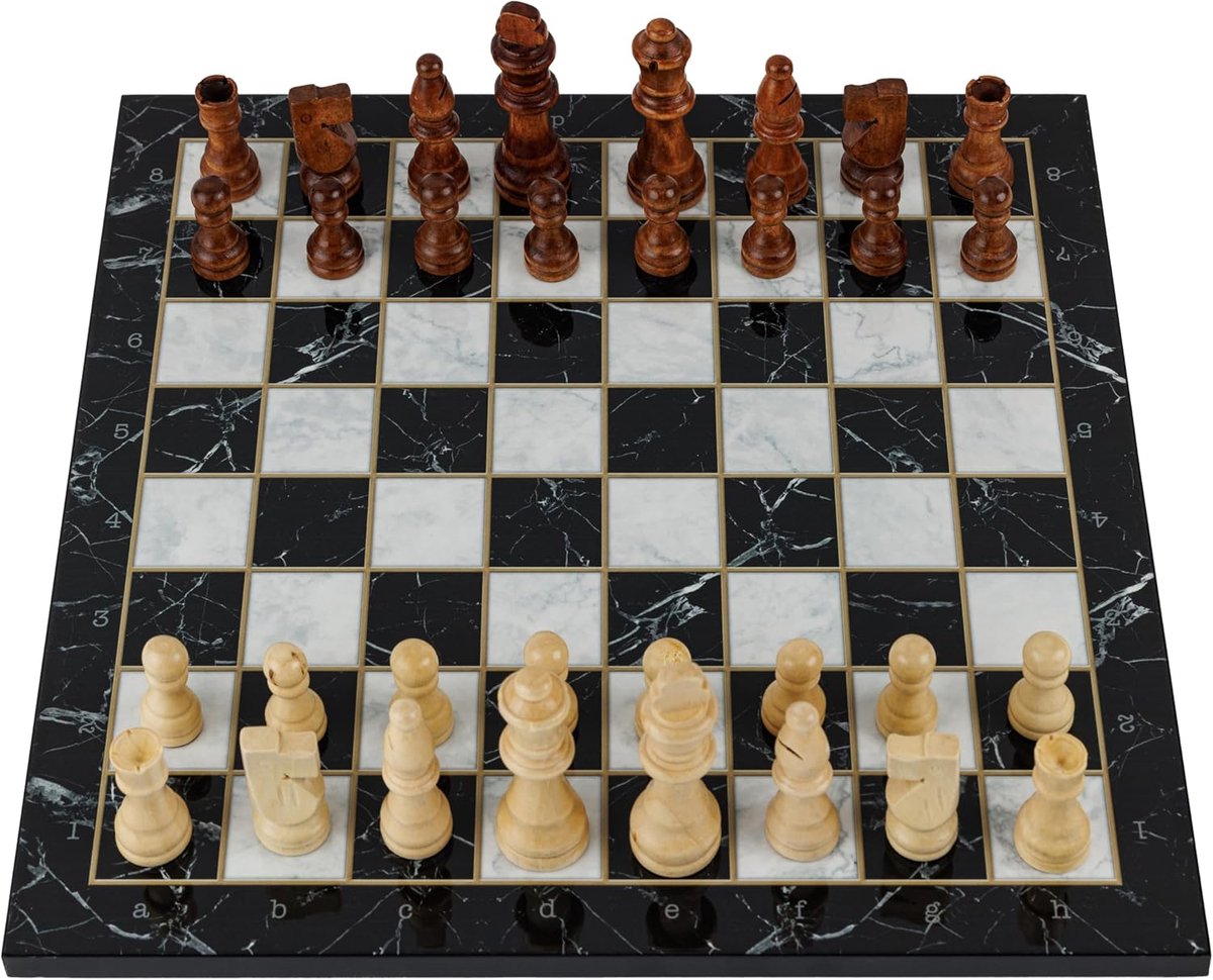 Klassiek Schaakspel met Houten Bord en Zwart Marmerdesign - 37 cm