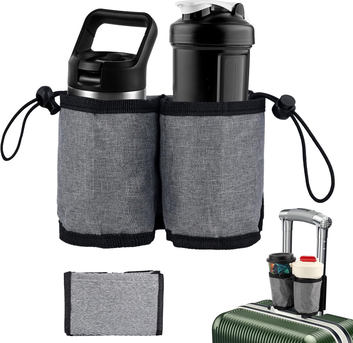 Allecto Plus - Bagagebekerhouder voor Koffers Grijs - Handenvrij - Oxford Stoffen - Drankhouder - Bekerhouder - Reisbeker - Stewardessen Accessoire - Handige Reisbenodigdheden - Grijs - Stijlvol Ontwerp.
