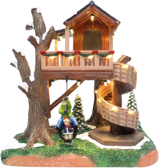 Santaville - Treehouse with Playing Children with LED polyresin 28cm