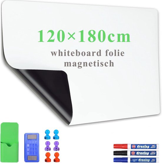 Whiteboardfolie, 45 x 120 cm, magnetisch, zelfklevend, whiteboardfolie, doe -het-zelf, inclusief marker en spons, wandfolie voor gladde oppervlakken op school, kantoor, thuis