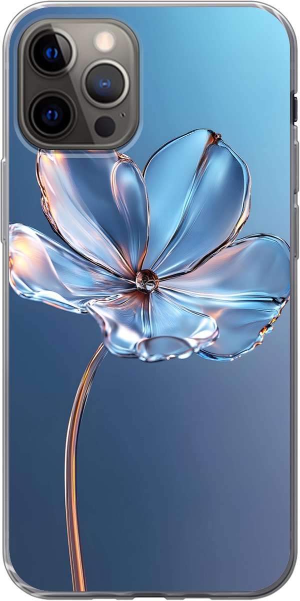 Telefoonhoesje Geschikt voor iPhone 12 Pro hoesje - Blauw - Bloem - Glazen - Sierlijk - Siliconen Telefoonhoesje Telefoonhoesje