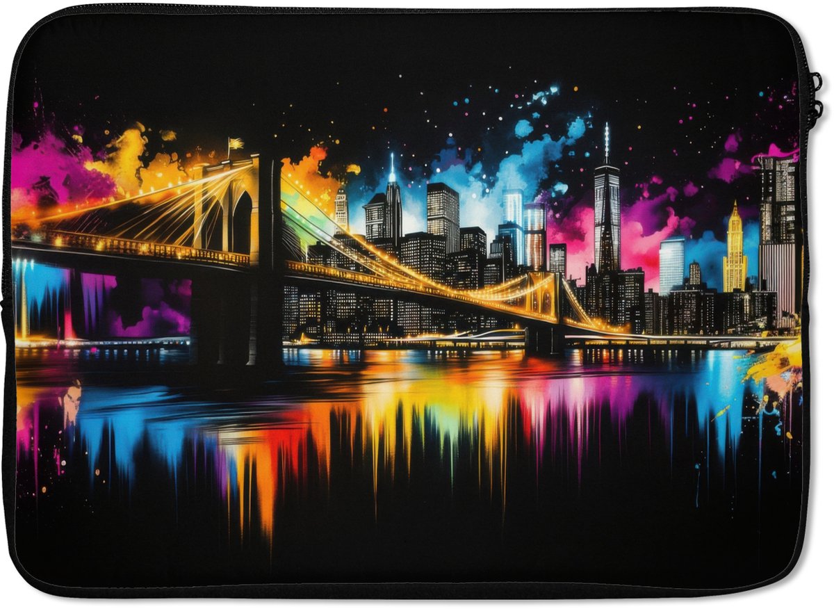 Laptophoes 14 inch - Skyline - Brug - Verlichting - Kleuren - Laptop sleeve - Binnenmaat 33x23 cm - Zwarte achterkant