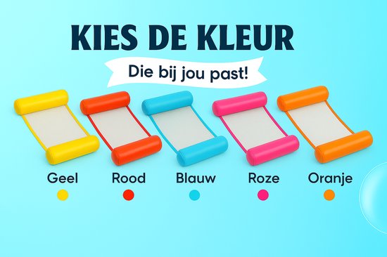 Vijf waterhangmatten in verschillende kleuren: geel, rood, blauw, roze, oranje.