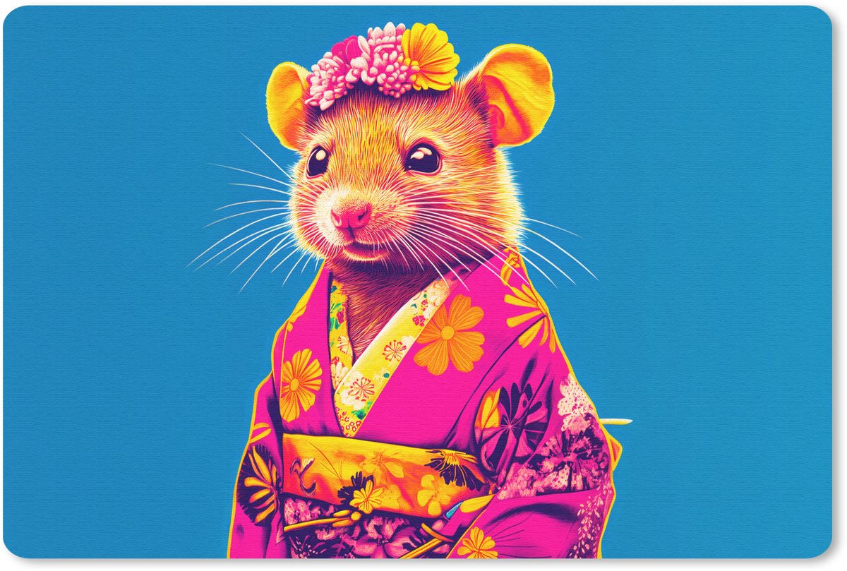 Muismat 27x18 cm - Mousepad Muis - Kimono - Bloemen - Blauw - Muismatten