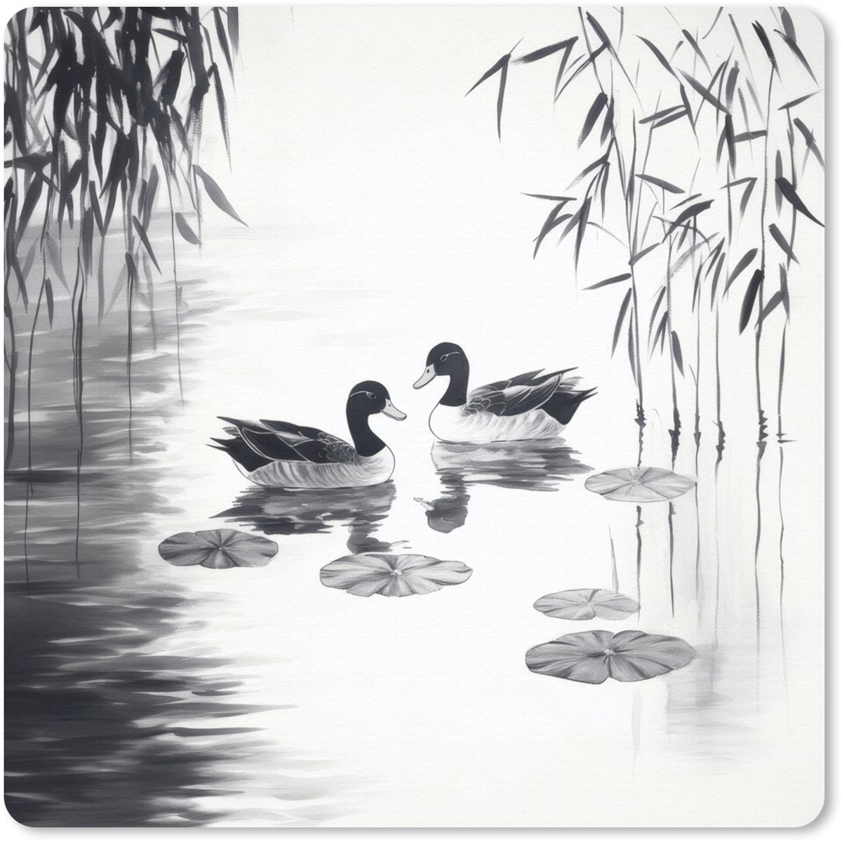Muismat 20x20 cm - Mousepad Eenden - Waterlelies - Riet - Zwart - Muismatten