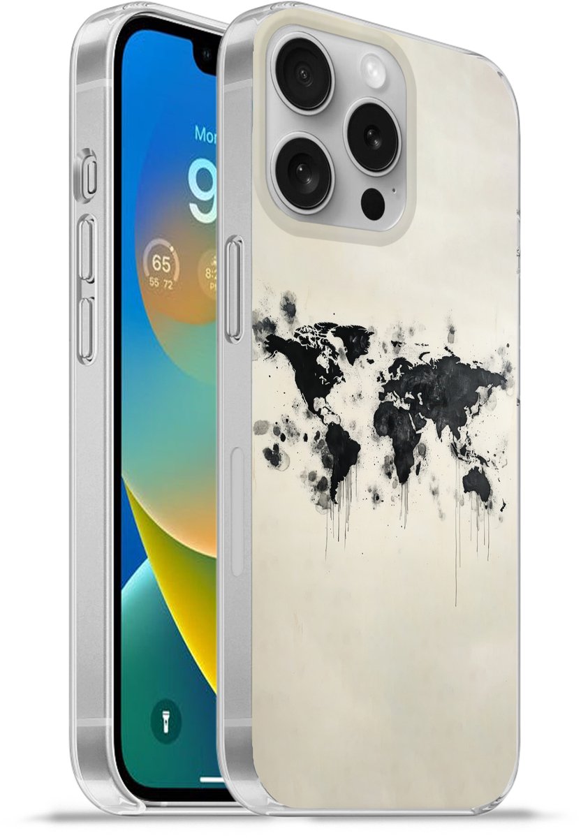 Telefoonhoesje Geschikt voor Apple Iphone 16 Pro hoesje - Wereldkaart - Zwart - Inkt - Siliconen Telefoonhoesje Telefoonhoesje