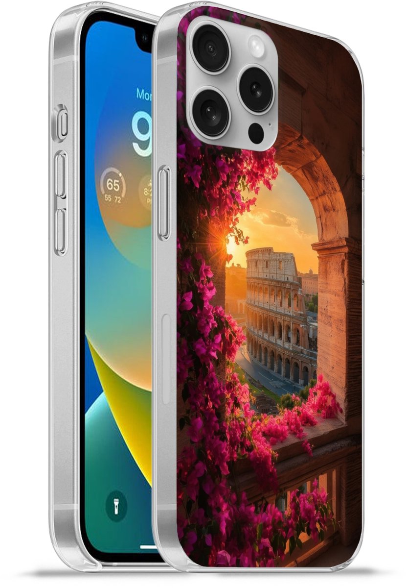 Telefoonhoesje Geschikt voor Apple Iphone 16 Pro Max hoesje - Colosseum - Rome - Roze Bloemen - Siliconen Telefoonhoesje Telefoonhoesje