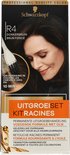 Kop van een vrouw met donkerbruin haar. De Schwarzkopf UitgroeiSet Kit Racines R4 verpakking toont "donkerbruin".