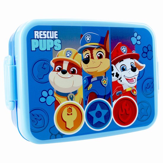 Boîte à lunch bleue avec image de la Pat' Patrouille : Chase, Marshall et Ruben. Texte 'RESCUE PUPS'.