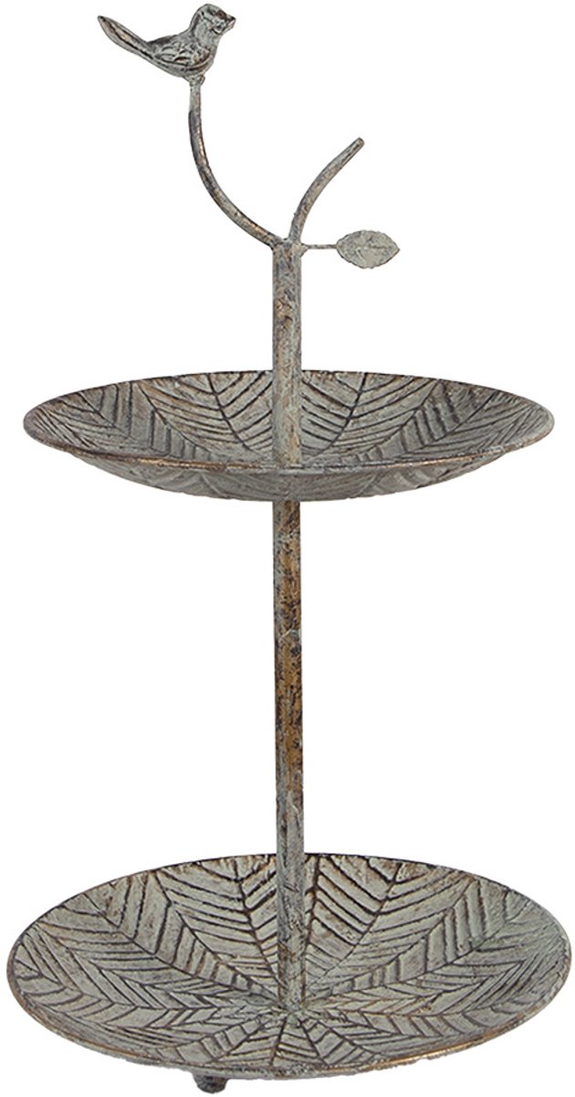 Clayre & Eef Etagère 2 laags Ø 26x48 cm Groen Bruin Metaal Vogel