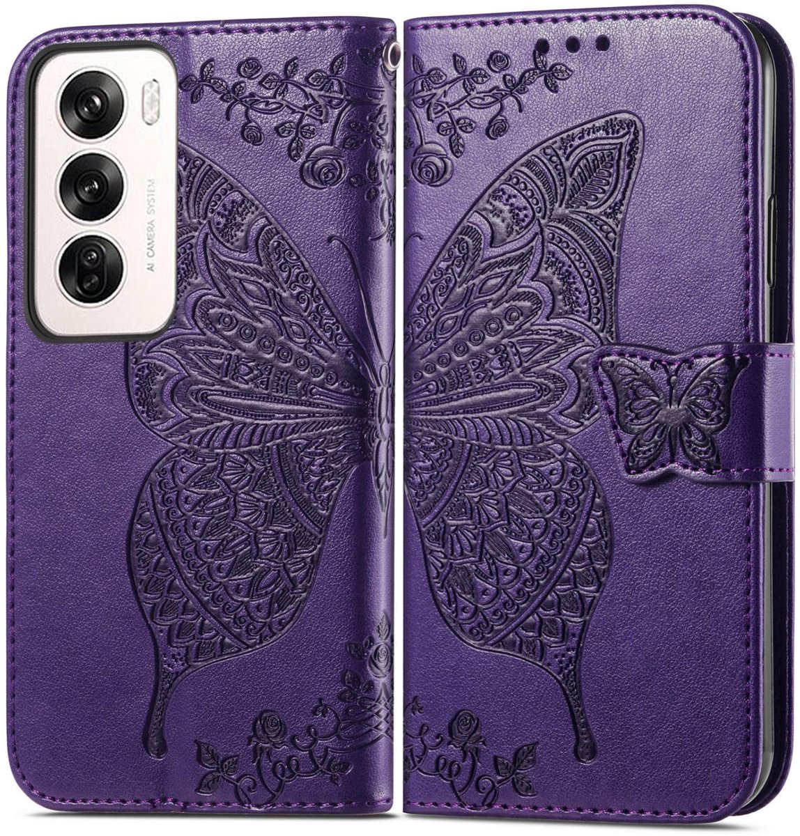 Mobigear Telefoonhoesje geschikt voor OPPO Reno 12 Pro Hoesje | Mobigear Butterfly Bookcase Portemonnee | Pasjeshouder voor 3 Pasjes | Telefoonhoesje voor Pinpas / OV Kaart / Rijbewijs - Paars