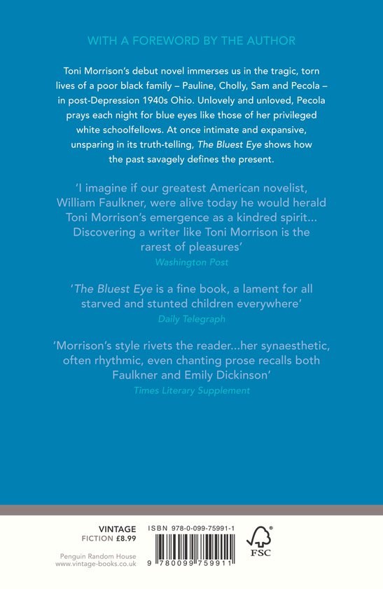 Achterkant van het boek 'The Bluest Eye' van Toni Morrison, met recensies en ISBN-nummer.
