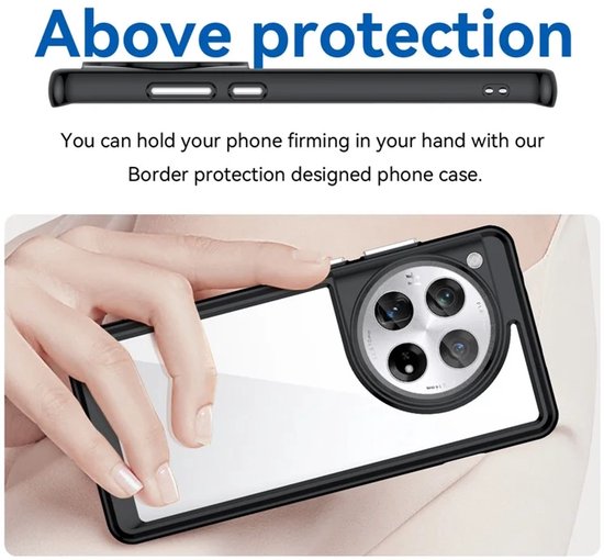 Détail de coque de téléphone noire mettant en avant la protection des bords, tenue par une main.