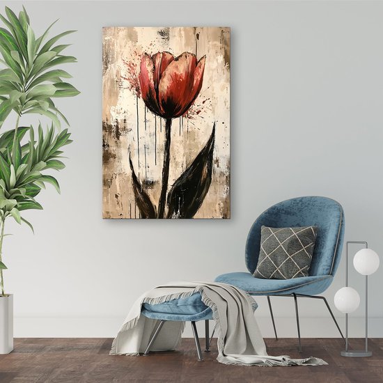 tulp rouge expressive - Peinture sur toile de Tulip - Art mural fleur - Expressionnisme - Objet d'art - Art sur toile - toile 75x100 cm