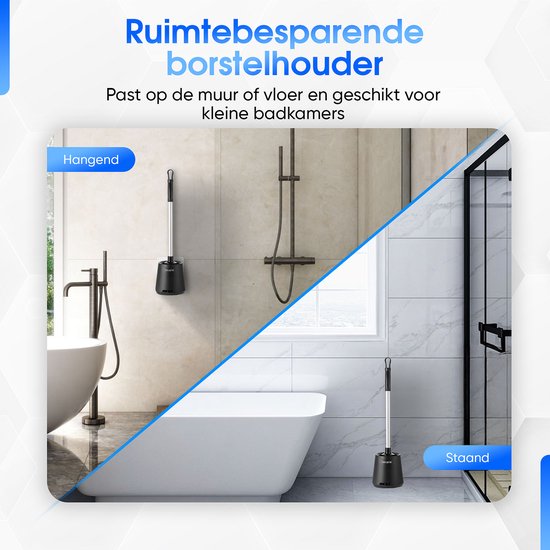 eluno Staande WC-garnituur 4-in-1, vrijstaande toiletgarnituur inclusief wc- borstel, 2 reserveborstelkoppen, (vervanging) rolhouder voor 3 rollen en plank, van roestvrij staal en glas (roestvrij staal