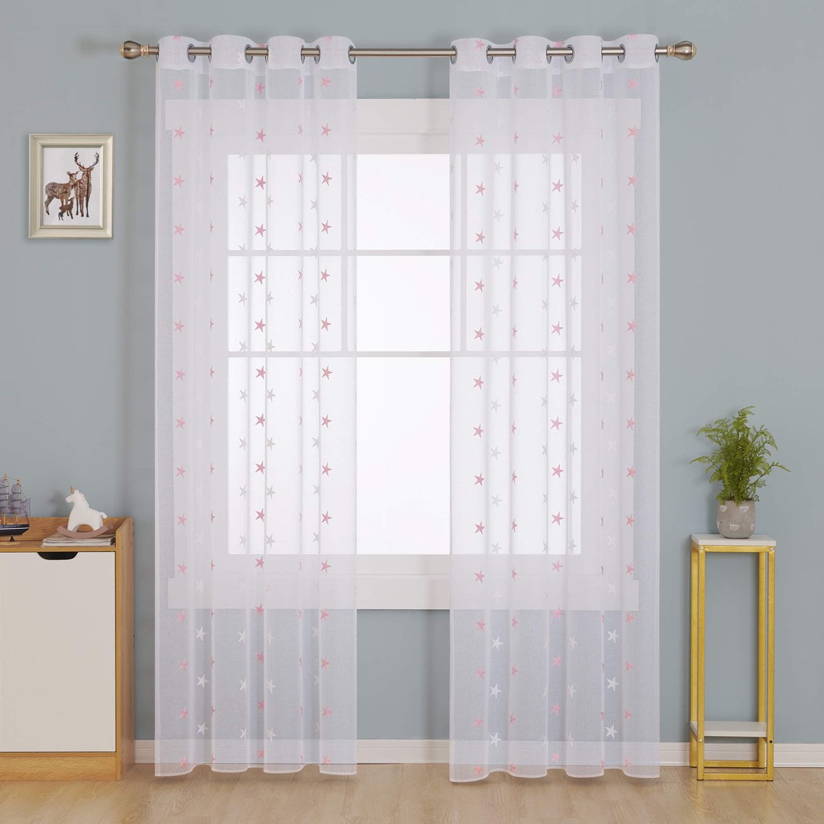 Ibenzoa Transparante Voile Gordijnen met Sterren en Stippen Borduursel, 245x140 cm, Set van 2 blauwgroen