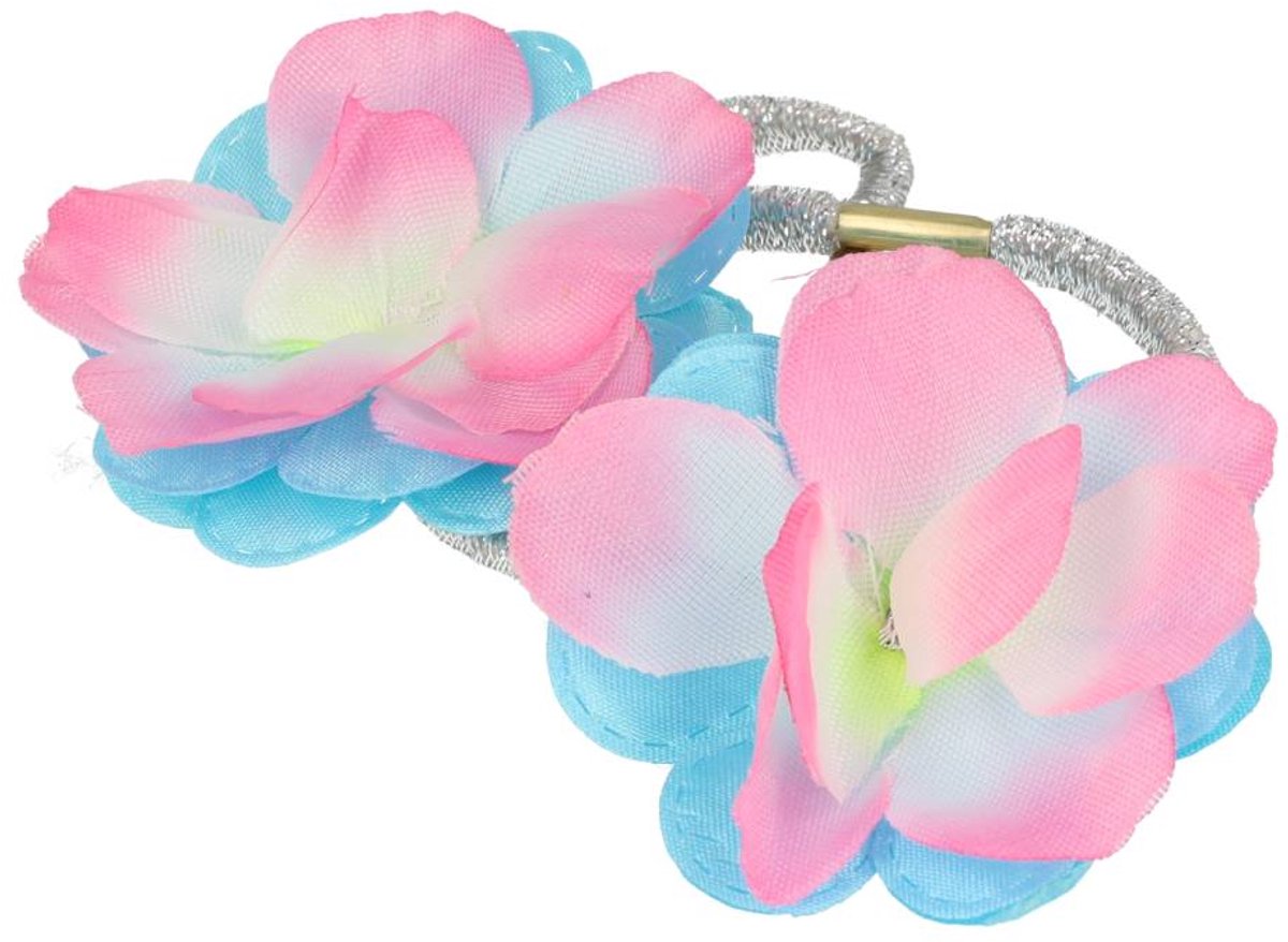 Haarsoires Haarelastieken – Bloem 5cm – Zilver Blauw Roze – Set van 2