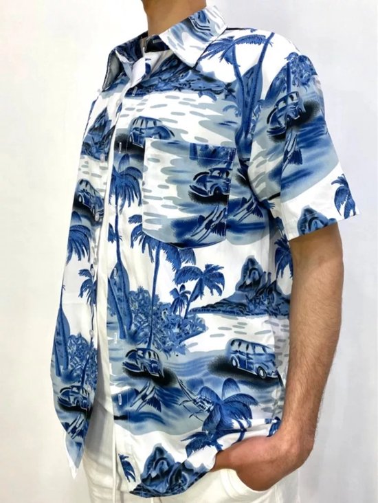 Chemise italienne d'été pour homme - Manches courtes - Imprimé palmiers - Col ouvert