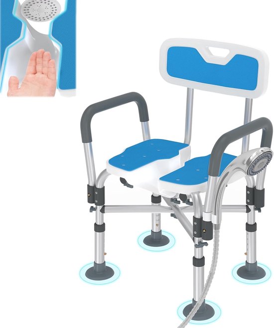 NAIZY Douchekruk Badzitje 74-84,5 cm Hoogte Verstelbare Douchestoel voor Senioren Antislip Badkruk met Groefontwerp en Gekruist Aluminium Frame