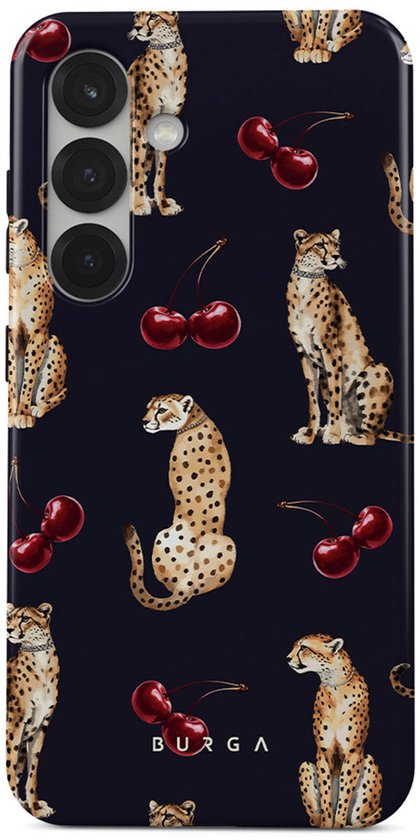 Coque foncée avec un motif de guépards et de cerises. Couvre l'arrière du téléphone.