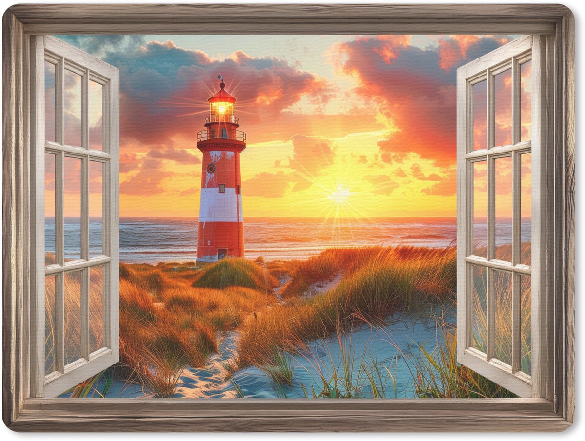 Muismat 23x19 cm - Mousepad Doorkijk - Raam - Vuurtoren - Zonsondergang - Strand - Muismatten
