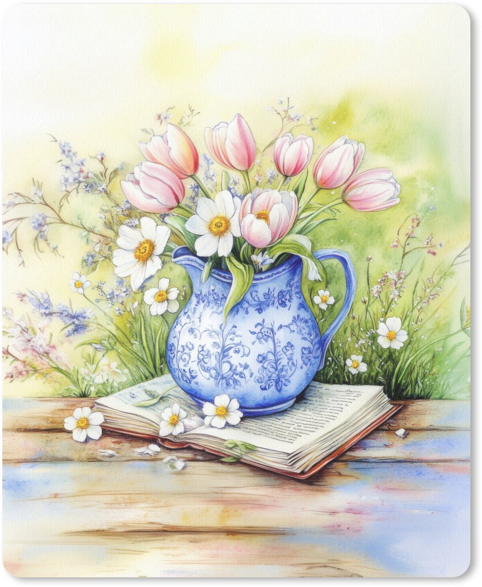 Muismat 19x23 cm - Mousepad Vaas - Delftsblauw - Madeliefjes - Muismatten