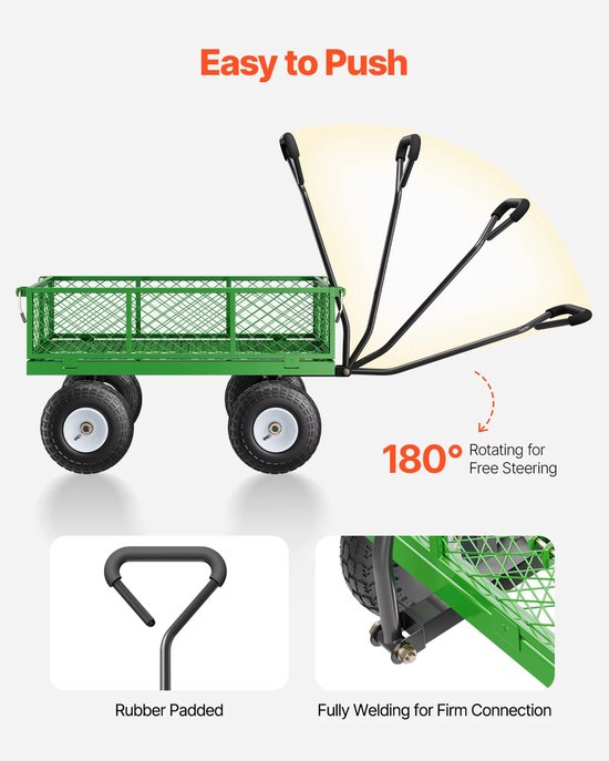 Tuinwagen - Tuinkar - Heavy-duty - 900 lb Draagkracht - 2-in-1 Plat- en - Hekwerkontwerp - 360° Draaibare Wielen - Voor Tuin - Erf en Magazijn - Ergonomische Handgreep — afbeelding 4