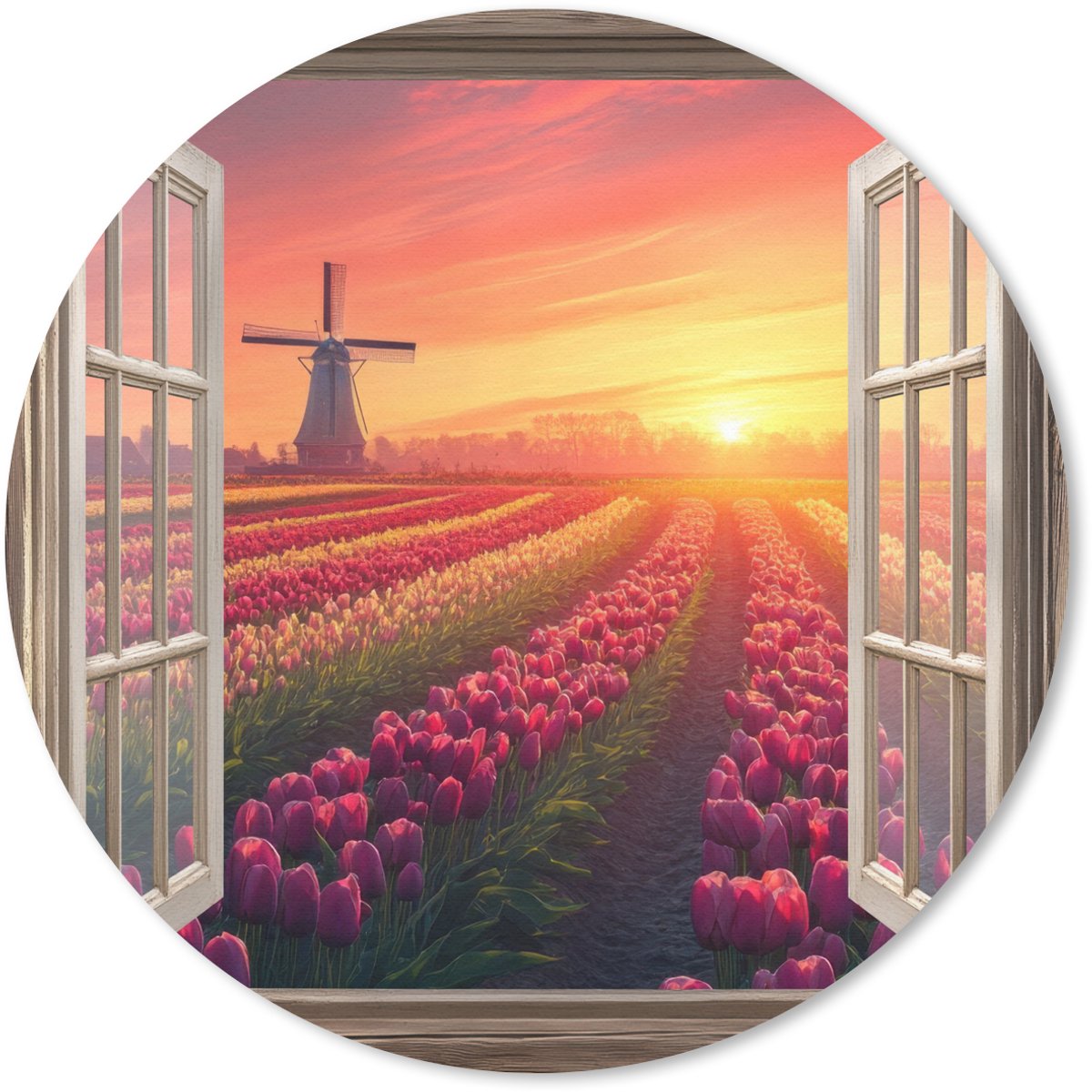 Muismat rond 40x40 cm - Mousepad Doorkijk - Tulpen - Zonsondergang - Bloemen - Kleurrijk - Ronde muismatten