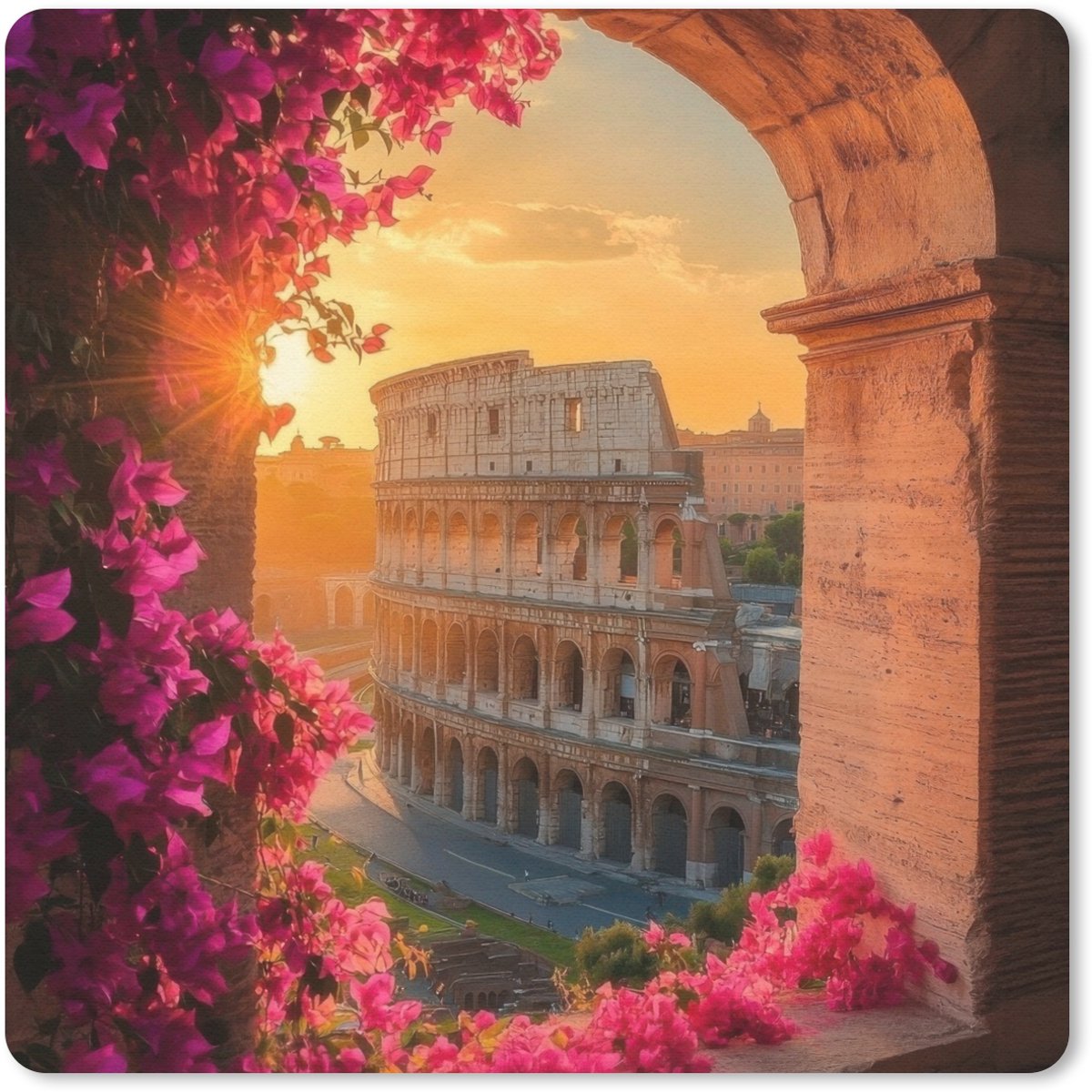 Muismat 20x20 cm - Mousepad Colosseum - Rome - Roze Bloemen - Muismatten