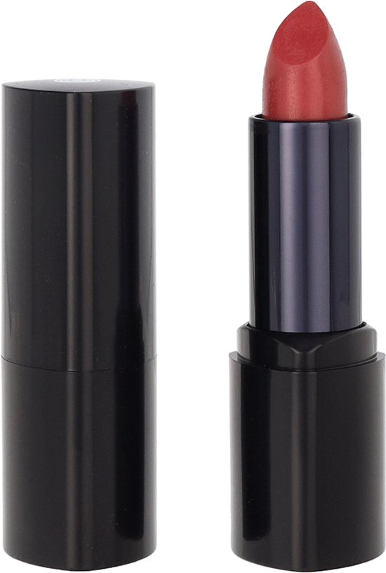 Koraalrode lipstick met een zwarte huls en dop.