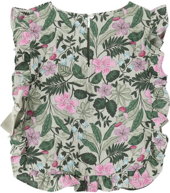 Lichtgroene blouse met roze bloemen en groene bladerenprint, ruches aan de mouwen en strikken aan de zijkant.