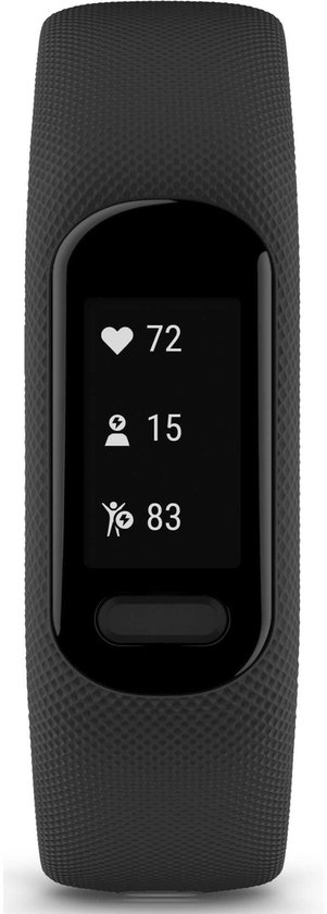 Zwarte activity tracker met scherm dat hartslag (72), stappen (15) en energie (83) toont.