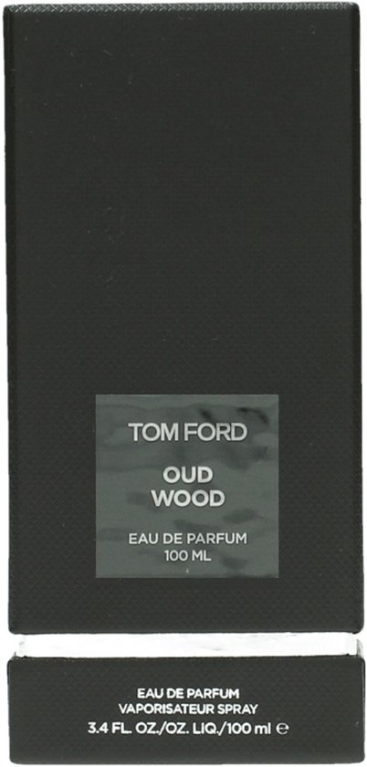 Zwarte kartonnen verpakking van Tom Ford Oud Wood Eau de Parfum 100 ml.