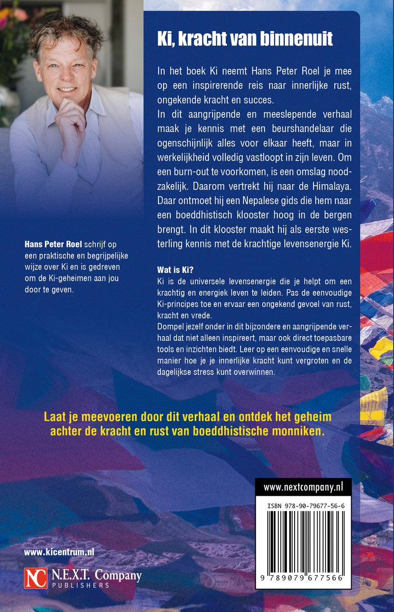Boekomslag met een glimlachende man en tekst over Ki, kracht van binnenuit.