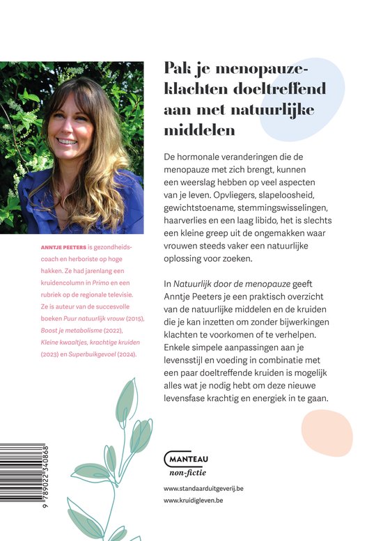 Boekomslag: Foto van Anntje Peeters met tekst over natuurlijk door de menopauze.