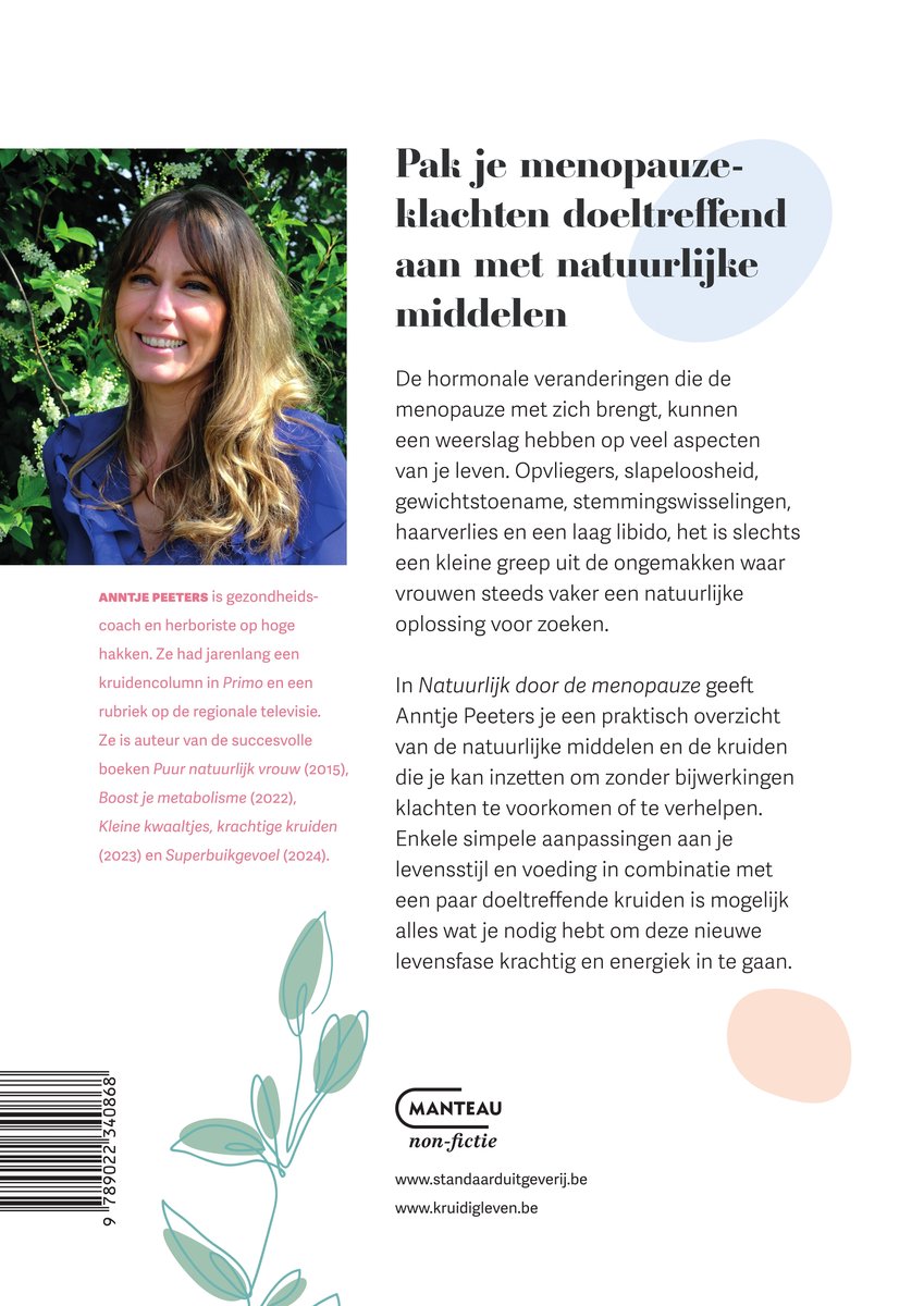 Boekomslag: Foto van Anntje Peeters met tekst over natuurlijk door de menopauze.