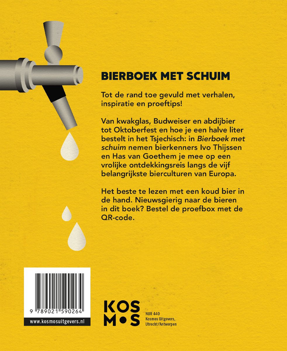 Bierboek met schuim, over kwakglas, Budweiser en abdijbier tot Oktoberfeest. Met illustratie van een bierkraan met druppels, barcode en uitgeversinfo.